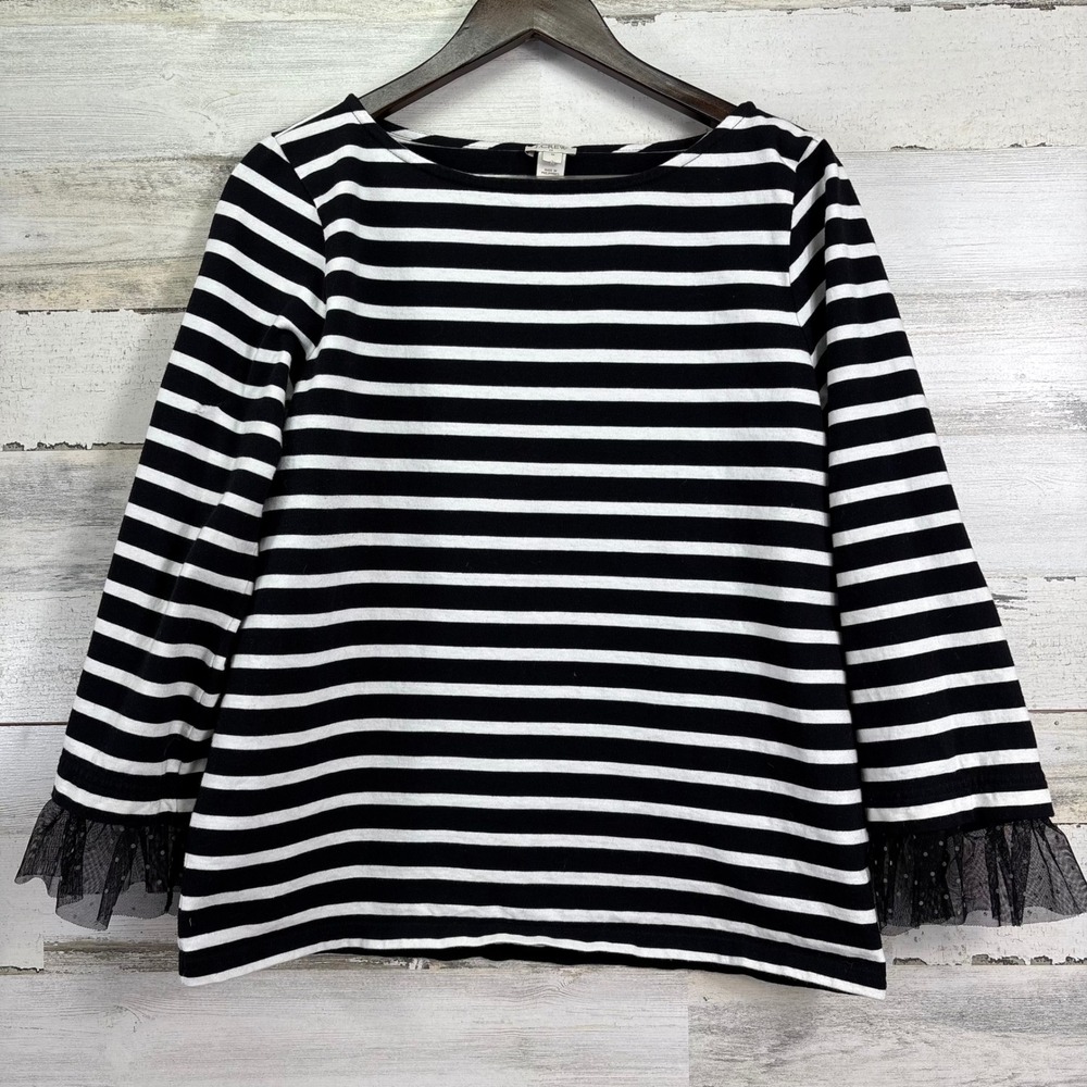 J. Crew Black White Striped Boat Neck Tulle Polka Dot Cuff Sleeve‎ Top M - Picture 2 of 11